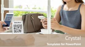  Presentation with customers - Colorful PPT theme enhanced with panorama-asian-customers-scan-qr backdrop and a coral colored foreground