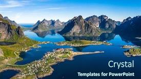  Presentation with norway - Presentation theme featuring panorama lofoten is an archipelago in the county of nordland norway is known for a distinctive scenery with dramatic mountains and peaks open sea and sheltered bays beaches and untouched lands background and a navy blue colored foreground