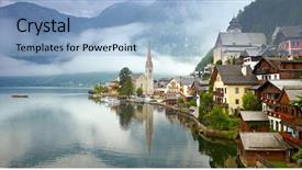  Presentation with give me that mountain - Audience pleasing slides consisting of panorama of hallstatt mountain village backdrop and a light blue colored foreground