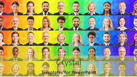  Presentation with rainbow - Slide deck having panorama-of-many-business-portraits background and a  colored foreground