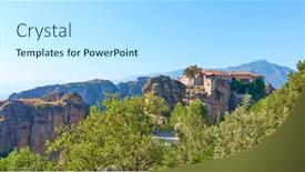  Presentation with monastery - Presentation design with panorama of meteora with the holy monastery of varlaam on the top of rock greece - greek panoramic landscape background and a sky blue colored foreground
