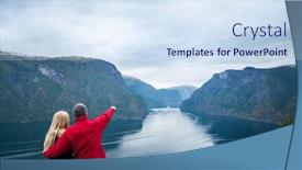 Presentation with tourist - Beautiful presentation design featuring panorama-of-sognefjord-tourist-couple backdrop and a sky blue colored foreground