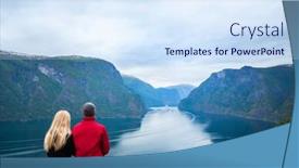 Presentation with tourist - Slide deck having panorama-of-sognefjord-tourist-couple background and a sky blue colored foreground