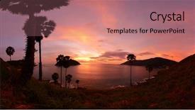  Presentation with calm sea - Slide deck consisting of panorama of tropical coast with beach palm trees and island in calm sea at twilight nai harn's beach area of phuket thailand background and a coral colored foreground