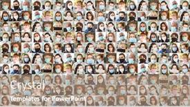  Presentation with face masks - PPT layouts with panorama-portrait-collage-of-people background and a coral colored foreground