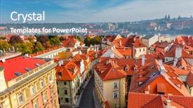  Presentation with prague - Audience pleasing slide deck consisting of panoramic aerial view of old narrow streets in prague city with red rooftops downtown beautiful old city center czech republic european travel backdrop and a teal colored foreground