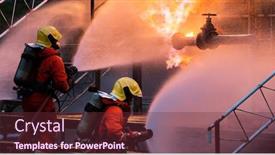  Presentation with fire explosion - Colorful slide deck enhanced with panoramic-firefighter-team-use-water backdrop and a tawny brown colored foreground