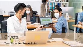  Presentation with social worker - Presentation design consisting of panoramic-group-of-interracial-business background and a coral colored foreground