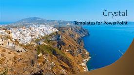  Presentation with santorini - Presentation theme with panoramic-landscape-with-fira-city background and a light blue colored foreground