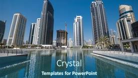  Presentation with dubai evening skyline luxury district - Slide deck featuring panoramic-view-of-a-modern background and a ocean colored foreground