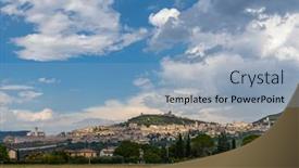  Presentation with region - Slide set featuring panoramic-view-of-assisi-old background and a light blue colored foreground