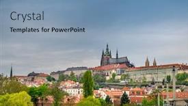  Presentation with prague - Theme featuring panoramic view of charles bridge and tower over the vltava river in prague czech republic background and a teal colored foreground