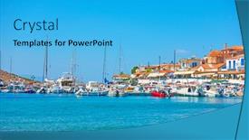  Presentation with sea fishing - Theme featuring panoramic view of greek fishing village by the sea on sunny summer day perdika aegina island greece background and a cyan colored foreground