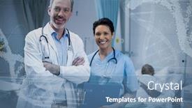  Presentation with information - PPT theme enhanced with panoramic view of helix pattern information on device screen against portrait of smiling doctor and nurse in ward background and a teal colored foreground
