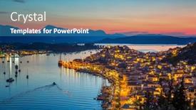  Presentation with panoramic - Theme having panoramic-view-of-poros background and a teal colored foreground