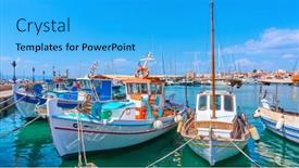  Presentation with fishing boats - Beautiful slides featuring panoramic view of port of aegina with old fishing boats saronic islands greece backdrop and a cyan colored foreground