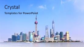  Presentation with china shanghai - Presentation theme featuring panoramic view of shanghai skyline background and a light blue colored foreground