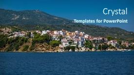  Presentation with panoramic - Presentation design consisting of panoramic-view-of-skiathos-town background and a ocean colored foreground