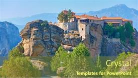  Presentation with cliff - Slides having panoramic view of the holy monastery of varlaam on the top of the cliff in meteora in the morning greece - greek landscape background and a tawny brown colored foreground