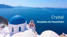  Presentation with church blue - Beautiful theme featuring panoramic-view-with-greek-orthodox backdrop and a ocean colored foreground