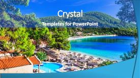  Presentation with greek - Colorful presentation enhanced with panormos bay view with hotel backdrop and a cobalt blue colored foreground