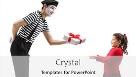  Presentation with pantomime - Colorful PPT theme enhanced with pantomime-man-giving-a-gift backdrop and a light gray colored foreground