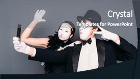  Presentation with pantomime - Audience pleasing PPT theme consisting of pantomime theater performers makes selfie backdrop and a gray colored foreground