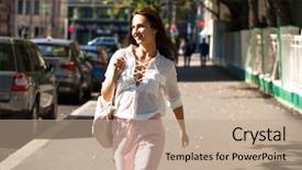  Presentation with pink and white - Cool new slide deck with pants walking on the street backdrop and a  colored foreground