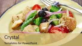  Presentation with italian cuisine - Beautiful PPT theme featuring panzanella tuscan bread and tomato backdrop and a yellow colored foreground