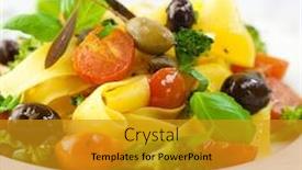  Presentation with italian cuisine - Theme consisting of papardelle pasta with cherry tomatos broccoli capers kalama olives and fresh basil italian food italian cuisine symbolic image concept for a tasty dish white wooden background close up background and a gold colored foreground