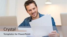  Presentation with reading assessment - Cool new presentation with paper - happy young businessman reading paperwork backdrop and a light blue colored foreground