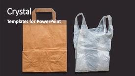  Presentation with plastic bag impact on environment - Presentation theme featuring paper and plastic bag background and a dark gray colored foreground