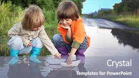  Presentation with play - Theme featuring paper boat - three boy play in puddle background and a gray colored foreground