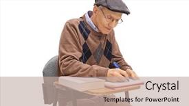  Presentation with sad lonely student sitting - Audience pleasing slide set consisting of paper book - elderly student sitting backdrop and a mint green colored foreground