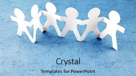  Presentation with cutout paper people standing around globe holding hands - Slide deck consisting of paper chain people holding hands background and a light blue colored foreground