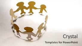  Presentation with cutout paper people standing around globe holding hands - Beautiful slides featuring paper-chain people holding hands backdrop and a  colored foreground