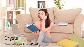  Presentation with listening woman - Slide set consisting of paper computer records - beautiful young woman listening background and a soft green colored foreground