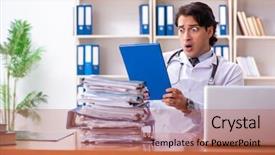  Presentation with clinic - Theme featuring paper computer records - young handsome doctor working background and a  colored foreground