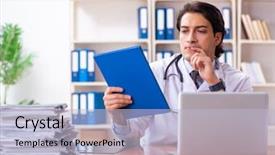  Presentation with clinic - PPT layouts consisting of paper computer records - young handsome doctor working background and a  colored foreground