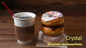  Presentation with brewed - Presentation design consisting of paper cup of hot fresh brewed coffee next to a stack of fancy donuts background and a tawny brown colored foreground