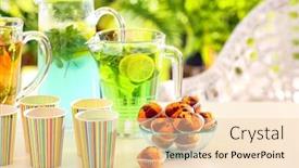  Presentation with paper cups - Slide set enhanced with paper cups with different kinds of lemonade on table outdoor background and a lemonade colored foreground