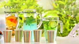  Presentation with paper cups - Slide set having paper cups with different kinds of lemonade on table outdoor background and a yellow colored foreground