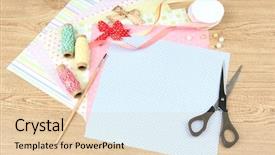  Presentation with scrapbooking - Presentation design with paper for scrapbooking and tools on wooden table background and a lemonade colored foreground