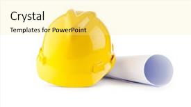  Presentation with hat - Presentation theme featuring paper industry - hard hat and drawings isolated background and a blonde colored foreground