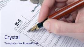  Presentation with tax income - Presentation having paper keeper - closeup of female hand filling background and a sky blue colored foreground