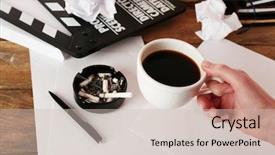  Presentation with clapper - Cool new presentation design with paper on wooden background backdrop and a soft green colored foreground