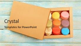  Presentation with box carton - Colorful presentation enhanced with paper packaging - tasty colorful macaroons in carton backdrop and a yellow colored foreground