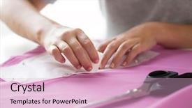  Presentation with tailoring - PPT theme consisting of people stitching needlework and tailoring concept - tailor woman with paper pattern and chalk drawing on fabric at sewing studio background and a lemonade colored foreground