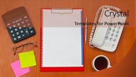  Presentation with man on top of mountain - Slides consisting of paper pencil - desk top with many items background and a red colored foreground
