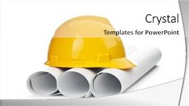  Presentation with hat - Slides enhanced with paper pencil - drawings and hard hat isolated background and a white colored foreground